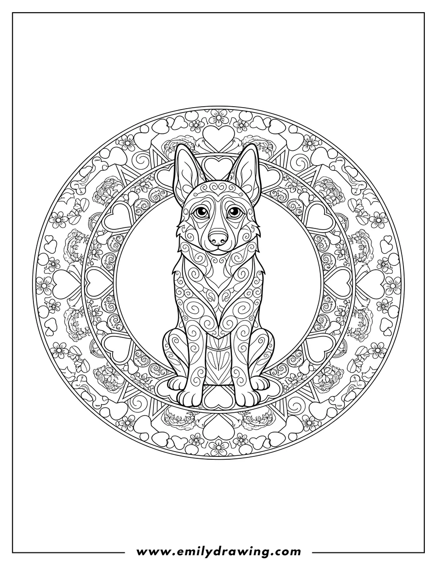 PDF style coloring page: sitting German Shepherd Mandala with floral patterns, hearts, paw prints, and bones