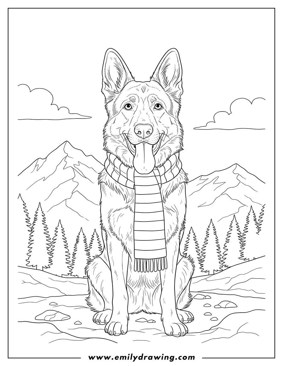 Full page coloring image of realistic German Shepherd sitting with tongue out and a striped scarf in mountainous terrain