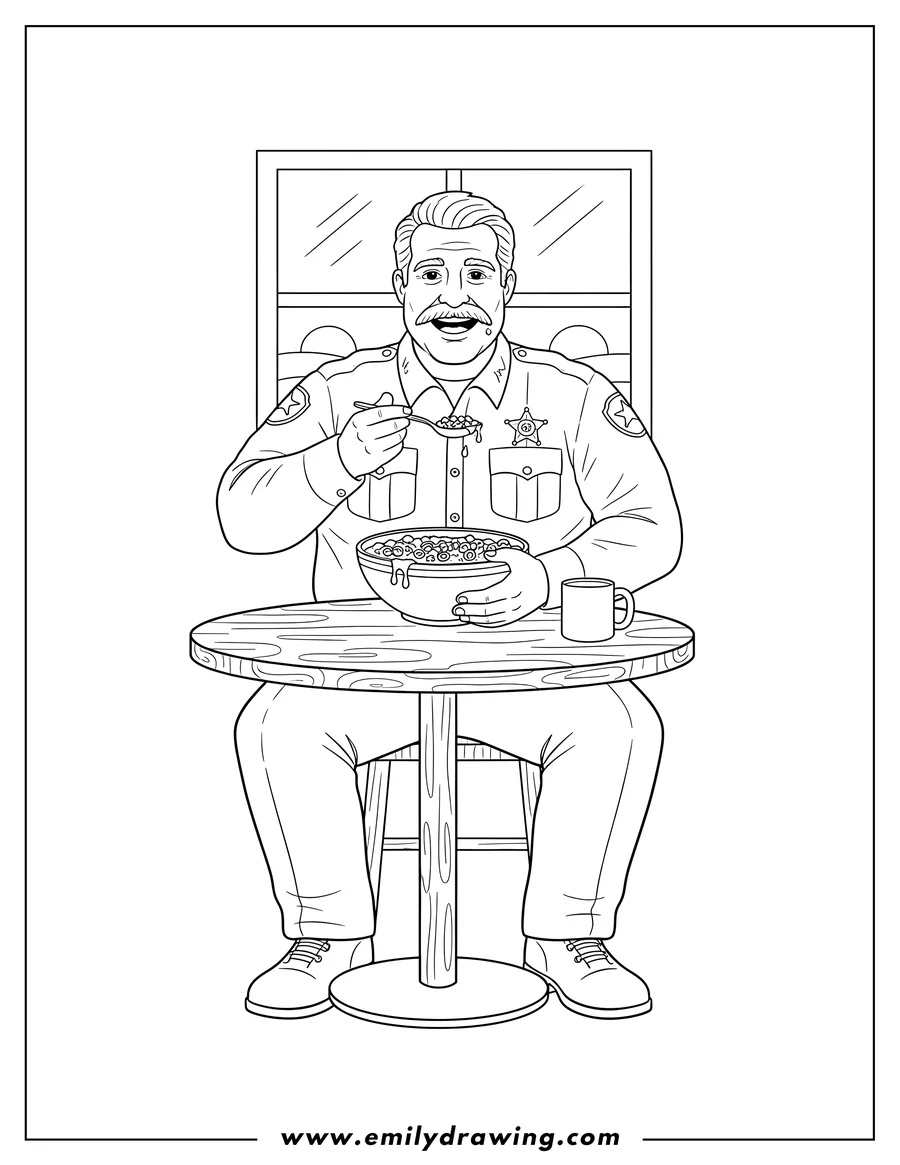 Full page coloring image of sheriff Jim Hopper eating from a bowl