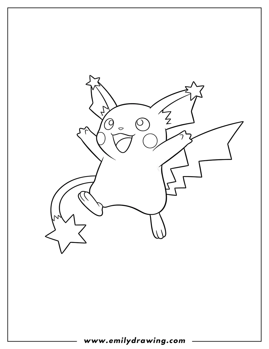 PDF style coloring page: shiny Mega Raichu Outline, jumping happily with arms spread