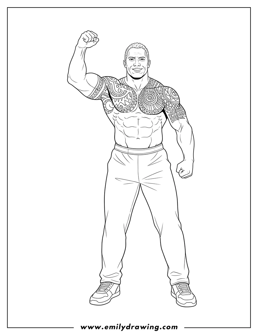 Outline drawing of shirtless Rock with a tribal tattoo and his fist up