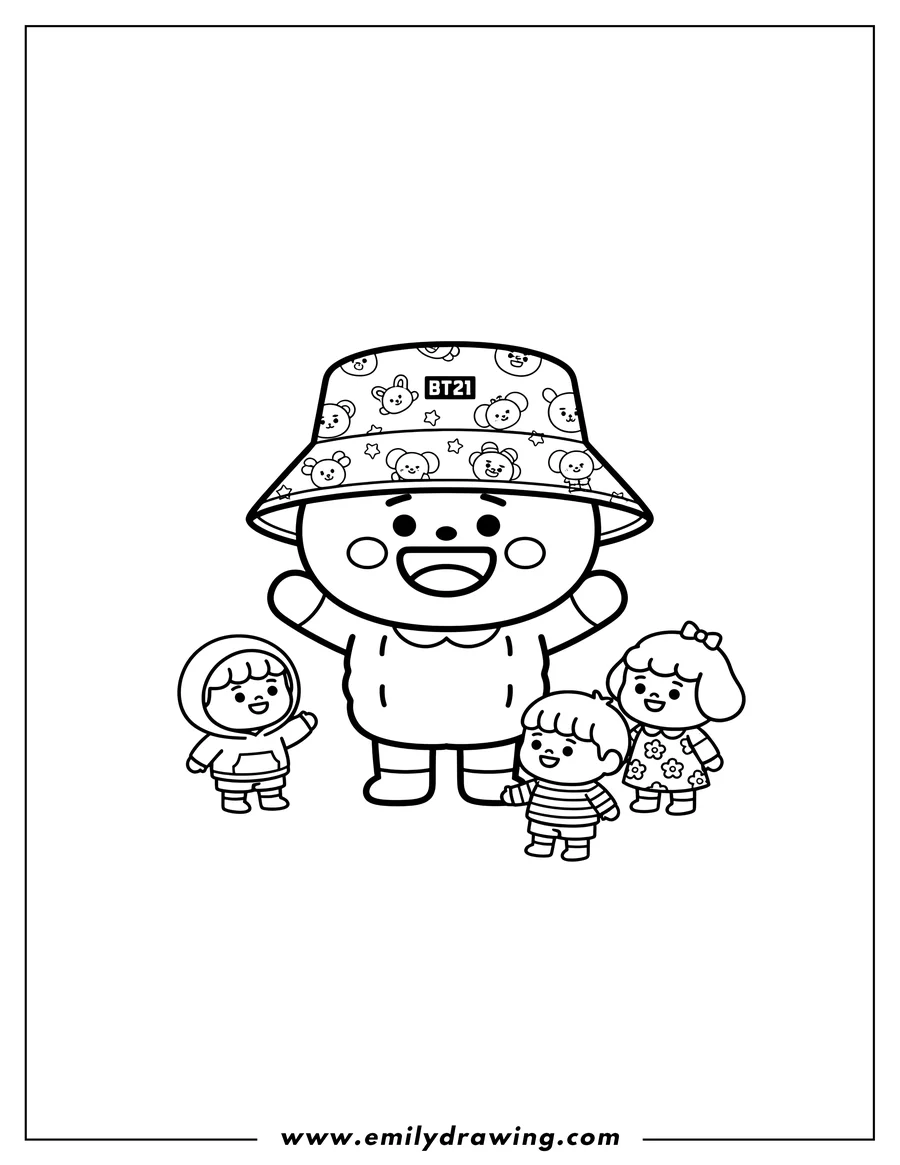 Clean line drawing: shooky wearing a BT21 bucket hat, with a happy open-mouthed smile, standing. Preschoolers
