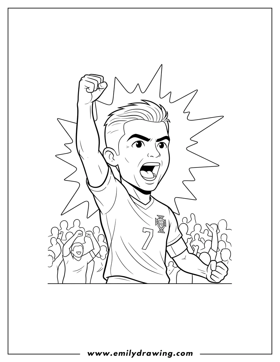 Doodle style coloring picture of cristiano Ronaldo Celebrating Scaled, wearing a soccer jersey, shouting, with his arm raised