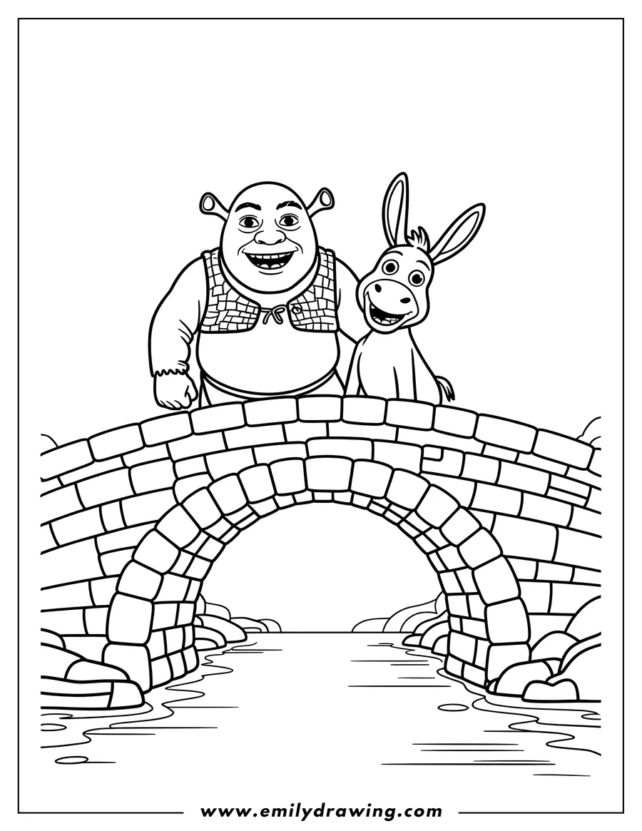 Line art of Shrek and Donkey smiling and standing on a stone bridge with water flowing beneath it.
