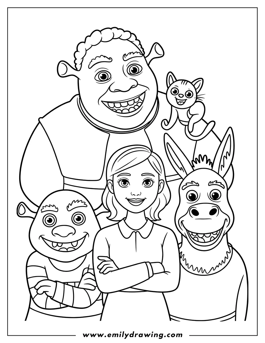 Line art of Shrek and friends, including a large smiling Shrek, a princess, Donkey, a small Shrek, and a cat, all together in a group.