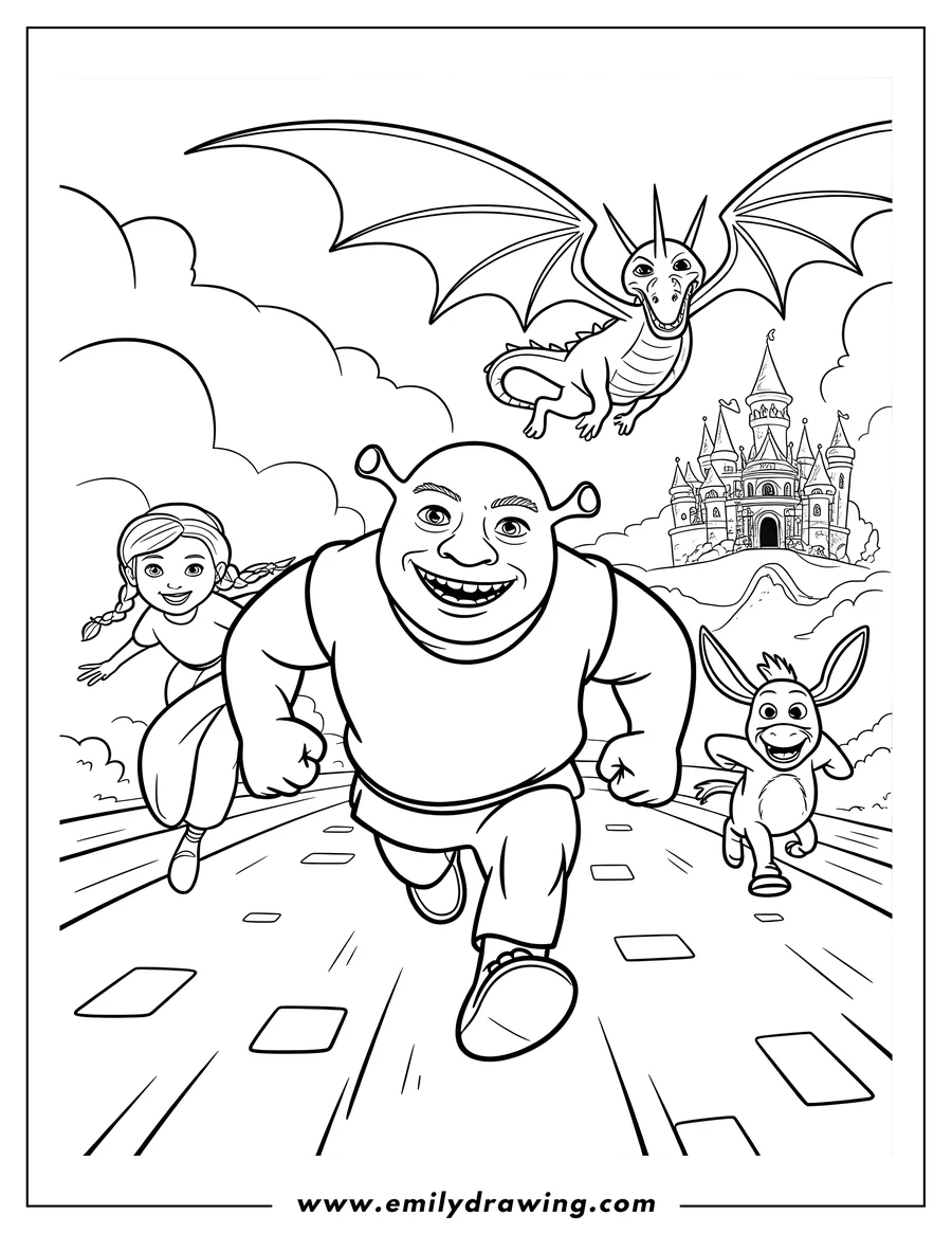 Line art of Shrek, Princess Fiona, and Donkey running forward, with Dragon flying above them and a castle in the background.