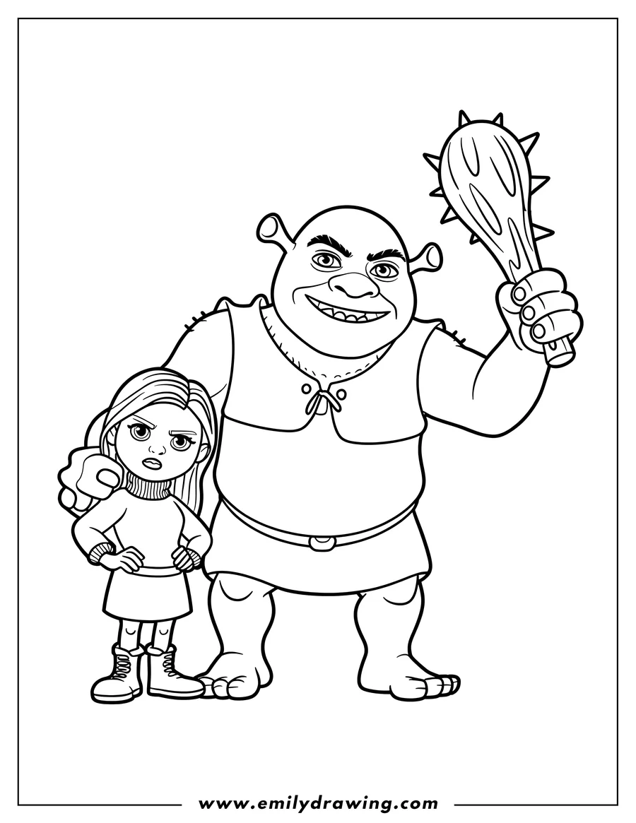 Outline of Shrek holding a spiked club, standing next to a small human girl with a serious expression.