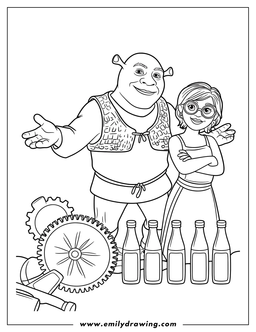 Line art of Shrek and a woman with glasses, standing next to a collection of bottles and gears.