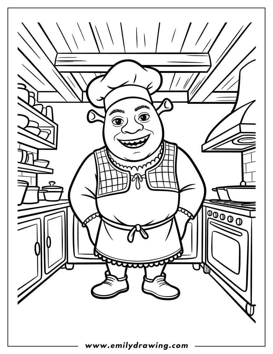 Line art of Shrek dressed as a chef, wearing a chef's hat and apron, standing in a kitchen with a stove and shelves filled with dishes.