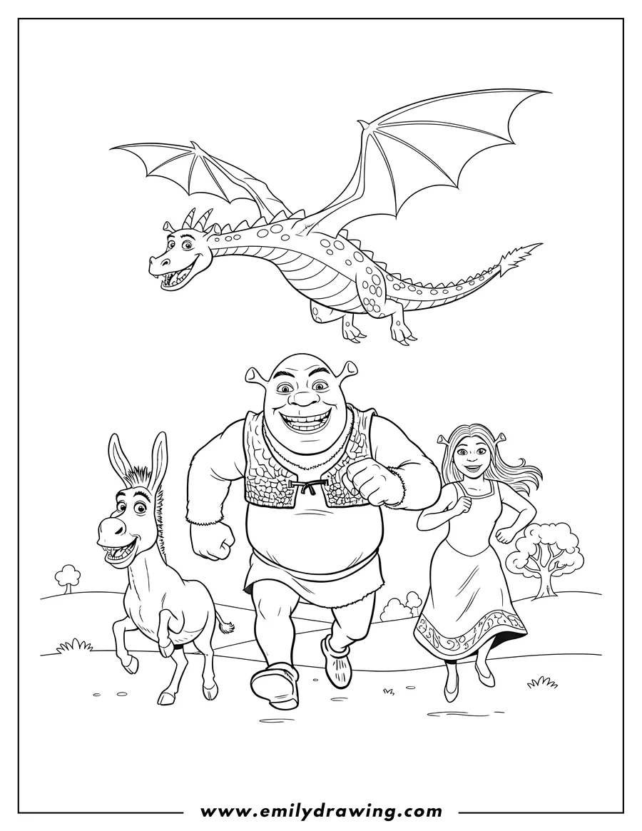 Clean line drawing: shrek, Donkey, and Fiona running, with Dragon flying