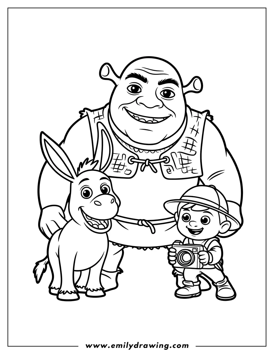 Line art of Shrek, Donkey, and a boy holding a camera. Shrek is a big ogre smiling, Donkey is a cheerful donkey with a wide grin, and the boy wears a hat and holds a vintage-style camera.