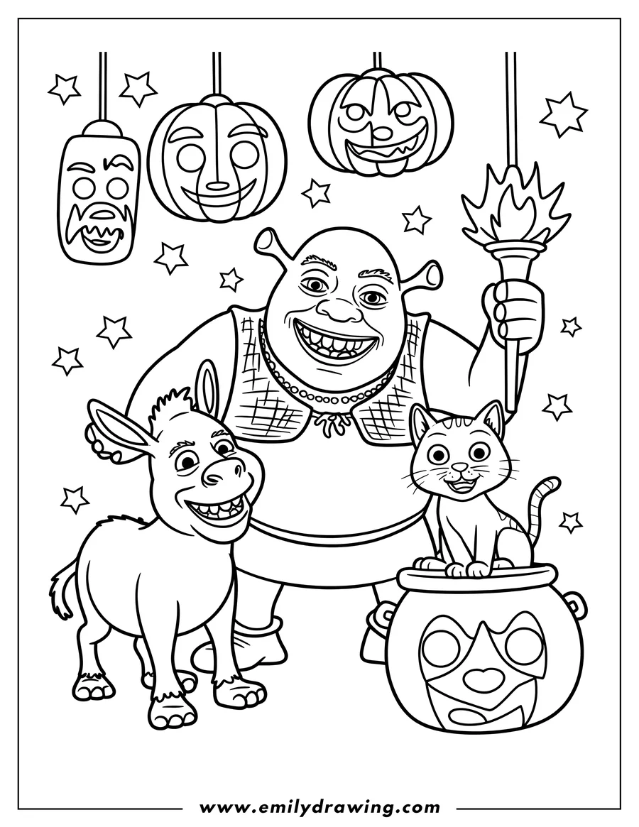 Line art of Shrek holding a torch, standing with Donkey, and a cat sitting on a Halloween-themed pumpkin pot, surrounded by hanging jack-o'-lanterns and stars.