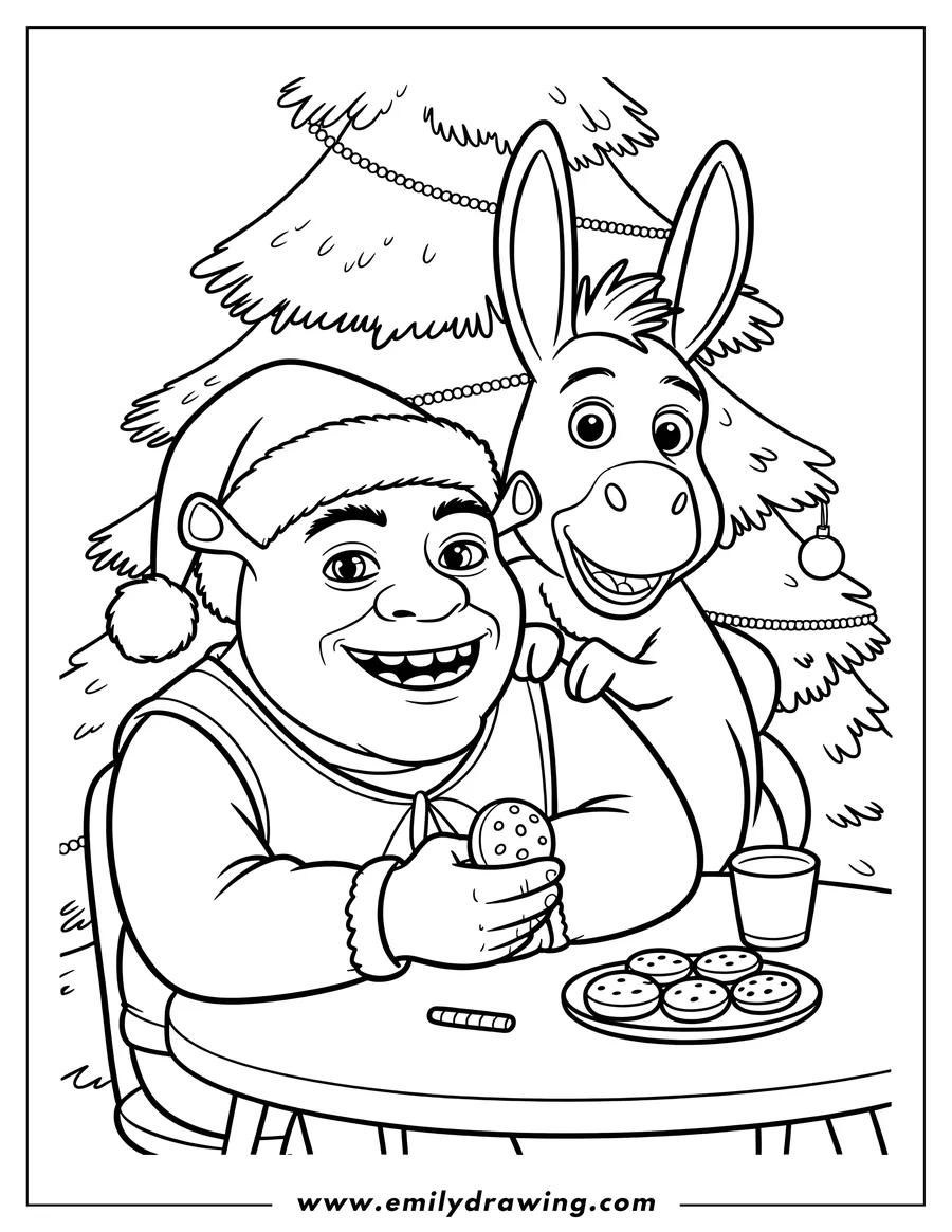 Line art of Shrek wearing a Santa hat and holding a cookie, sitting at a table with Donkey next to him, with a Christmas tree in the background.