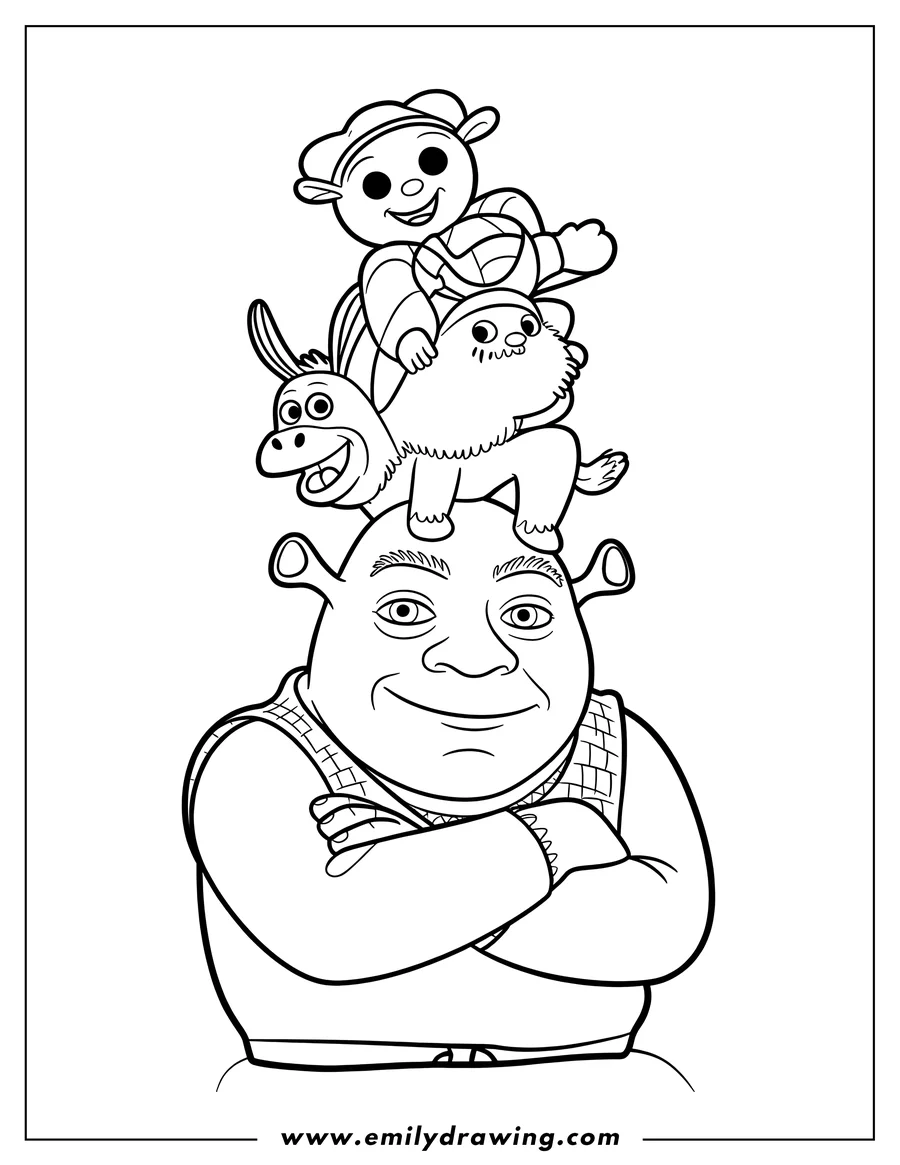 Line art of Shrek with Donkey, Puss in Boots, and Gingerbread Man stacked on his head