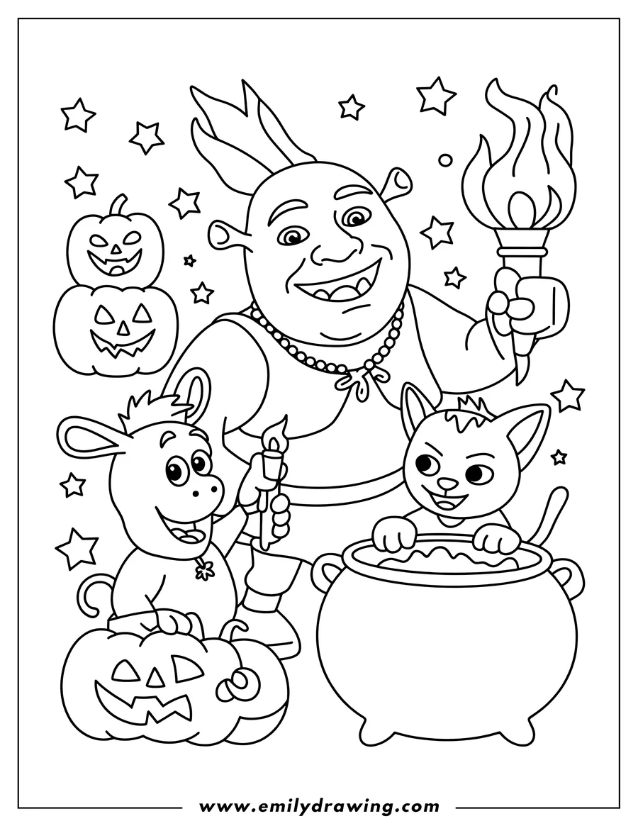 Line art of Shrek, Donkey, and Puss in Boots celebrating Halloween with pumpkins and stars. Shrek holds a torch, Donkey holds a candle, and Puss in Boots is in a cauldron.
