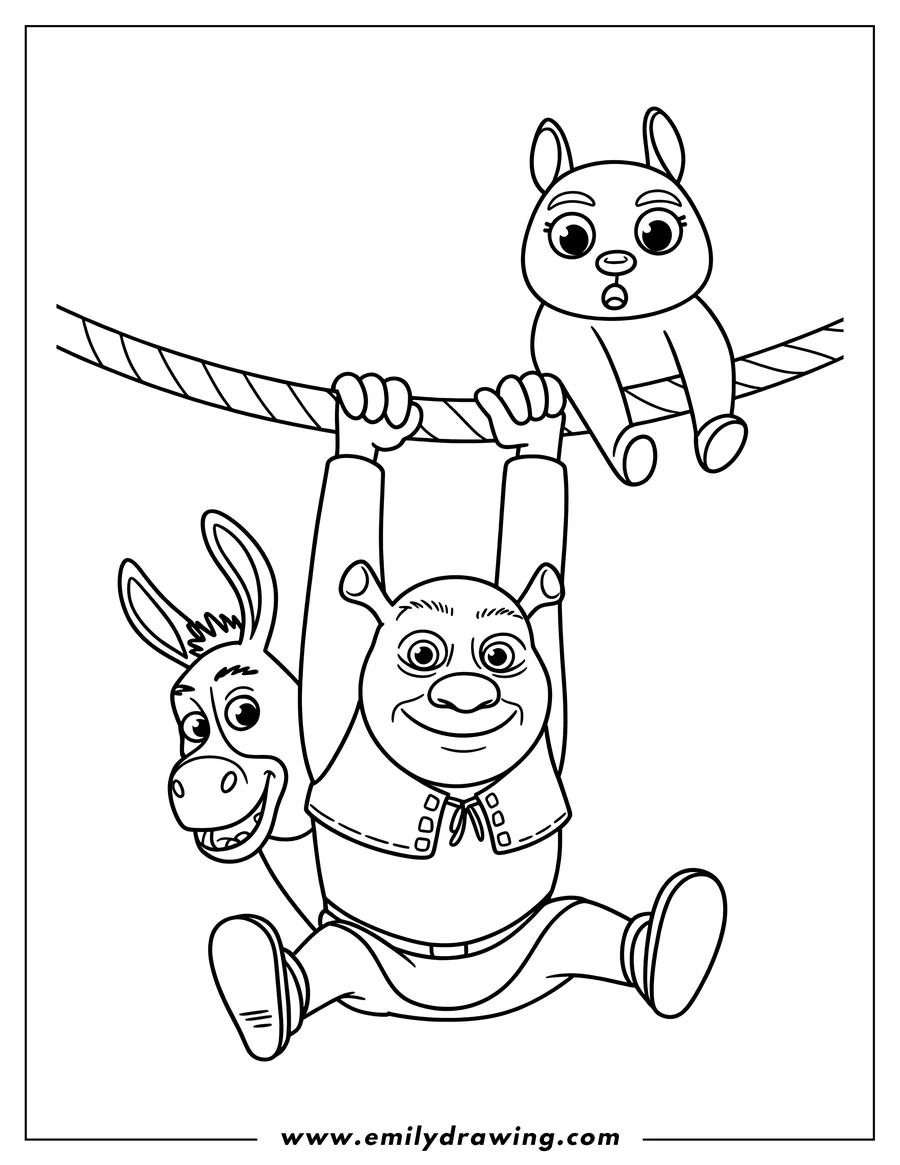 Line art of Shrek hanging from a rope, with Donkey's head visible behind him, and Puss in Boots sitting on the rope above Shrek.