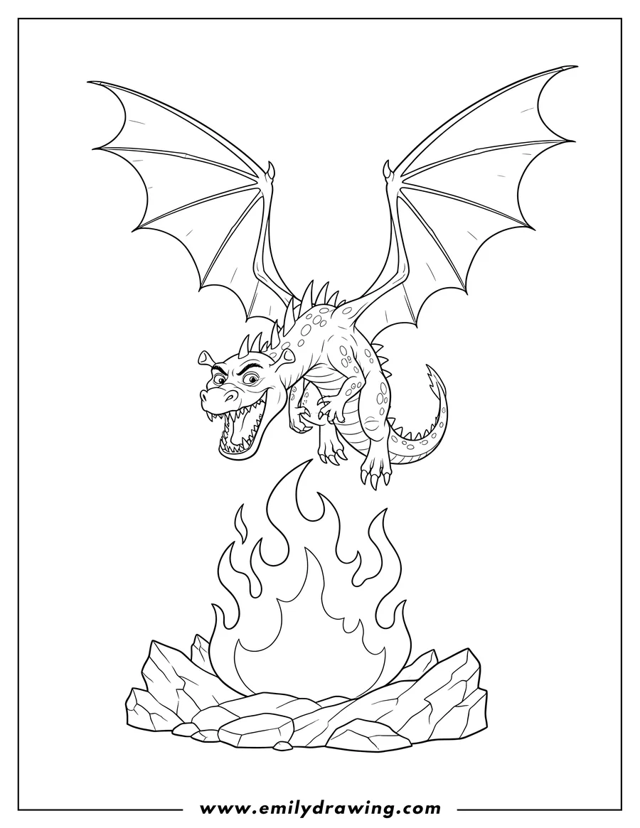 Free printable coloring sheet of shrek Dragon Flying Over Fire, snarling with spread wings