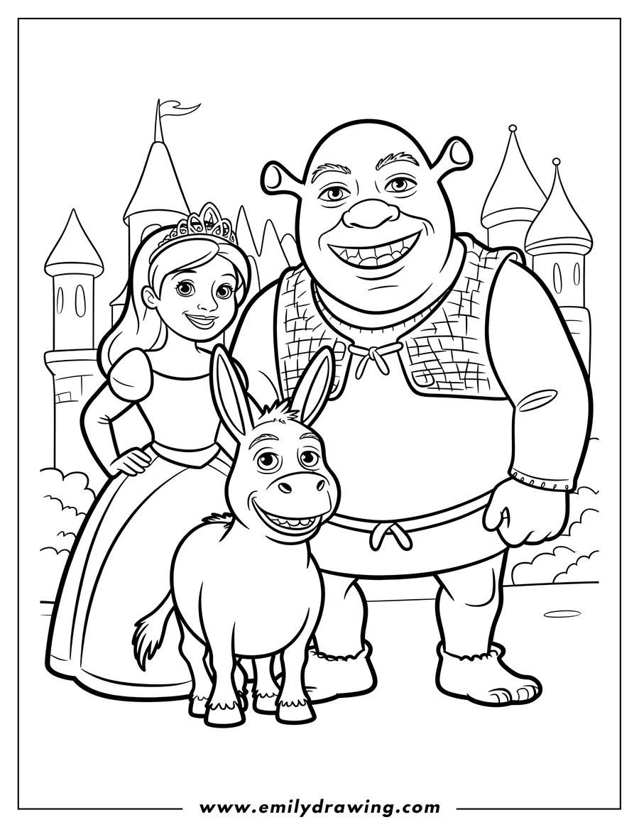 Line art of Shrek, Princess Fiona, and Donkey standing together with a castle in the background. All three characters are smiling.