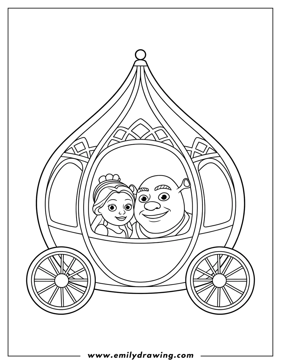 Outline of Shrek and Fiona, with Princess Fiona as a human, riding together in a decorative, ornate carriage, possibly a pumpkin carriage.