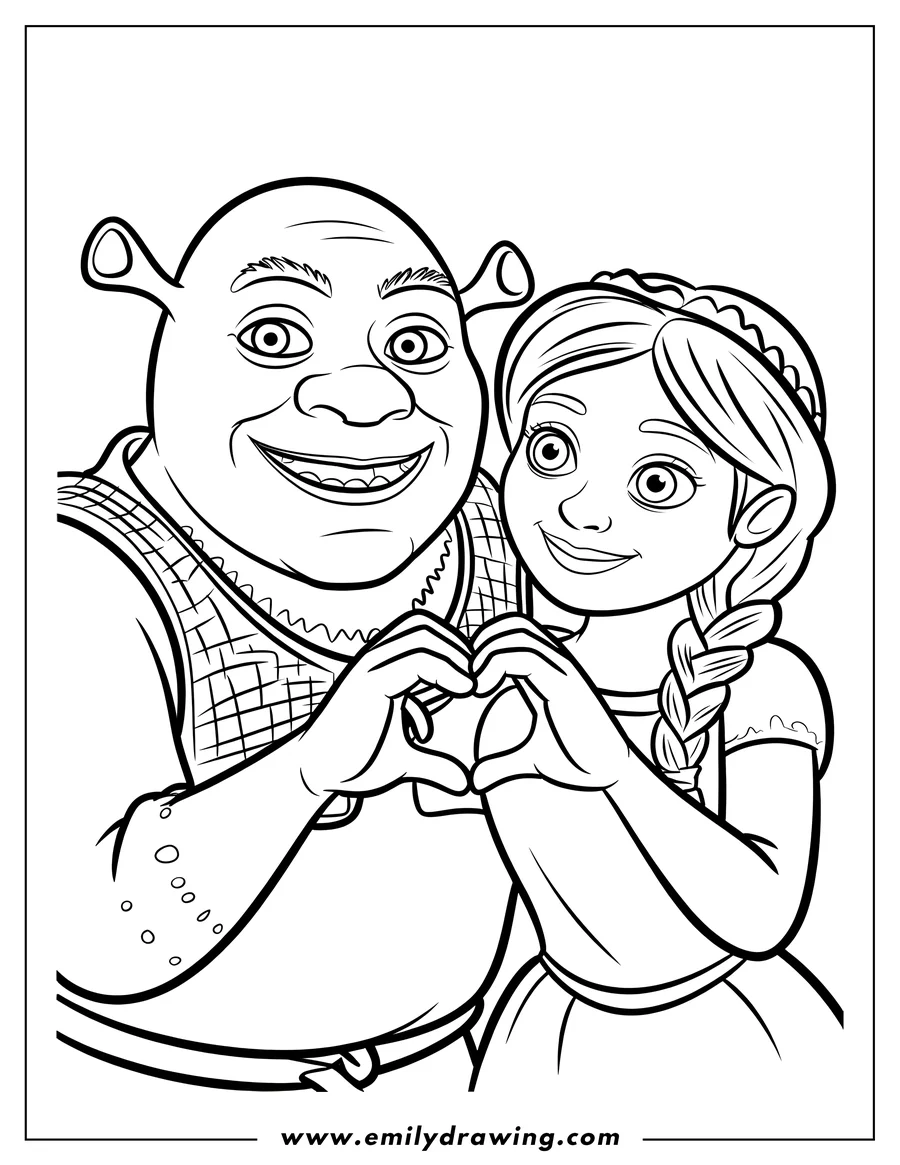 Line art of Shrek and Fiona, from the Shrek movies, standing side-by-side and making a heart shape with their hands. Shrek has a big smile, and Fiona, with her braided hair, looks happy.