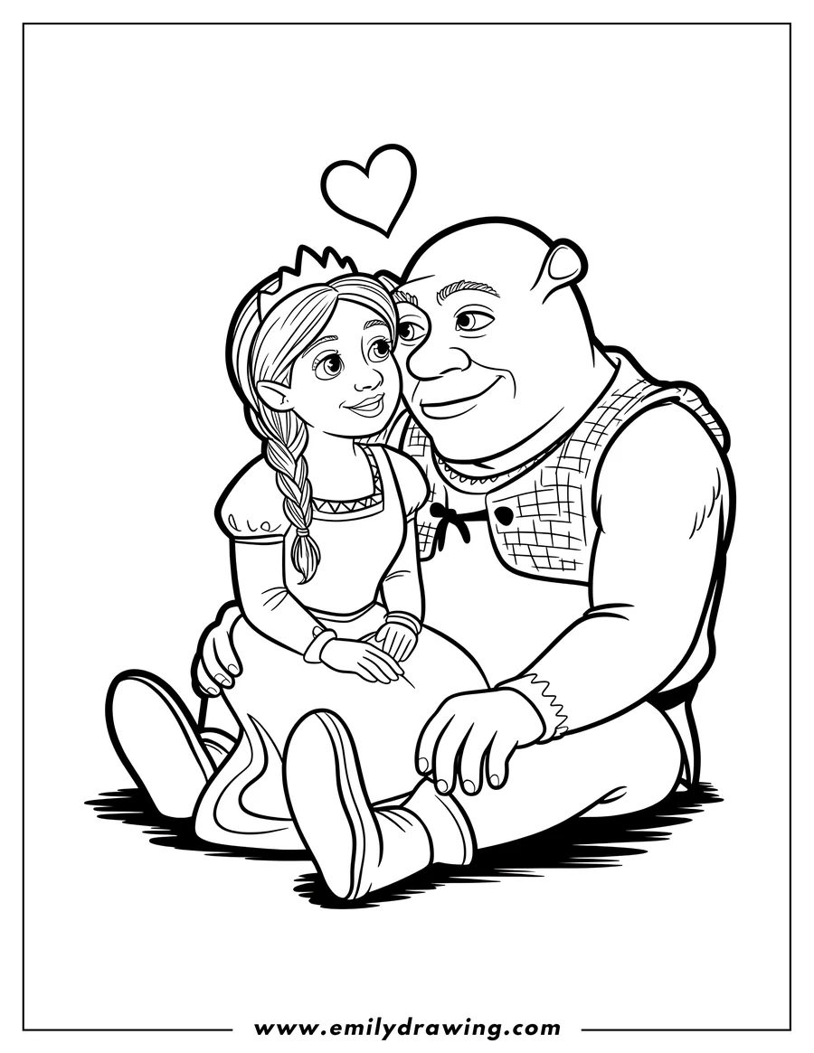 Line art of Shrek and Princess Fiona sitting together, with Fiona looking up at Shrek and a heart floating above them.