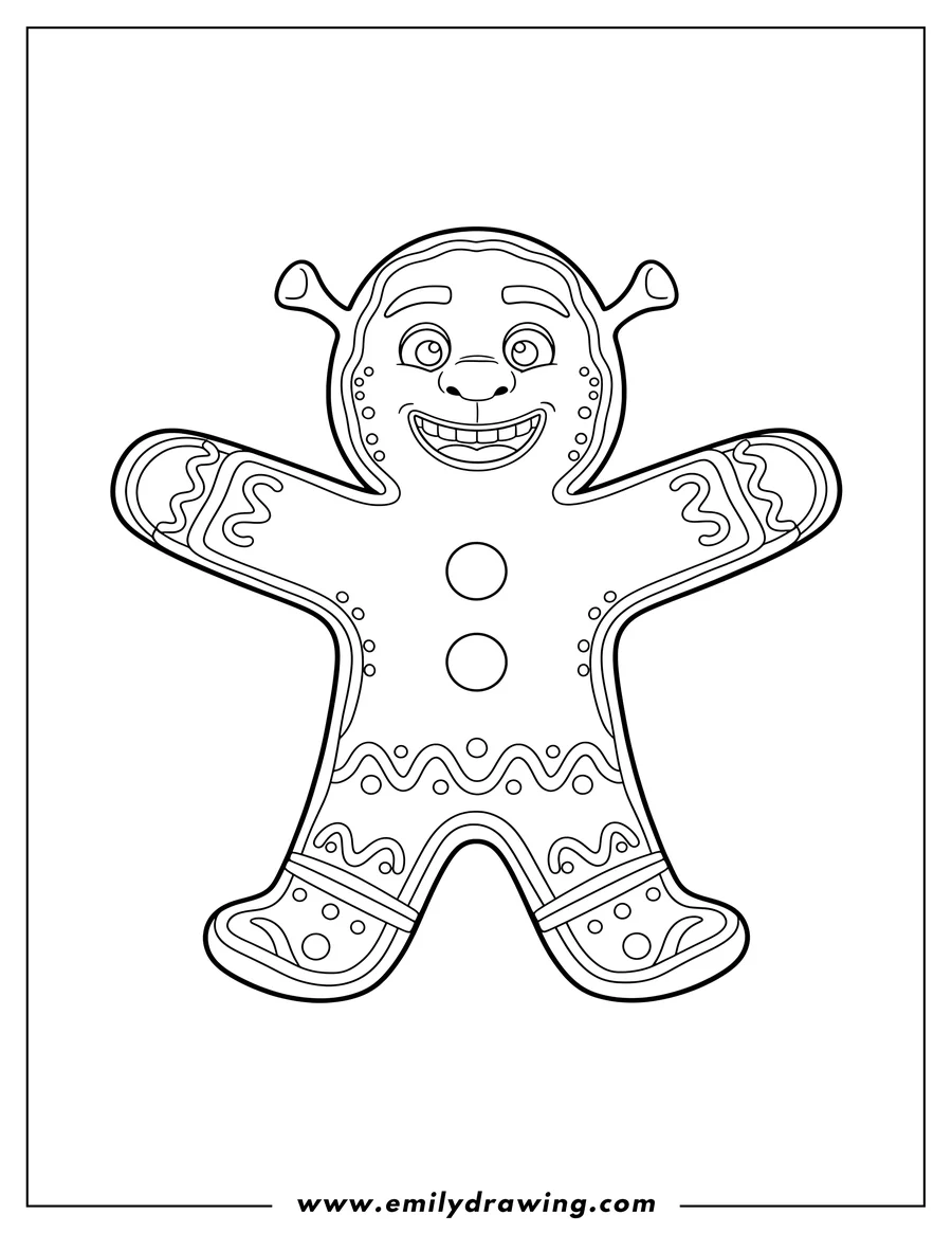Full page coloring image of shrek Gingerbread Man Scaled, smiling with outstretched arms and icing decorations