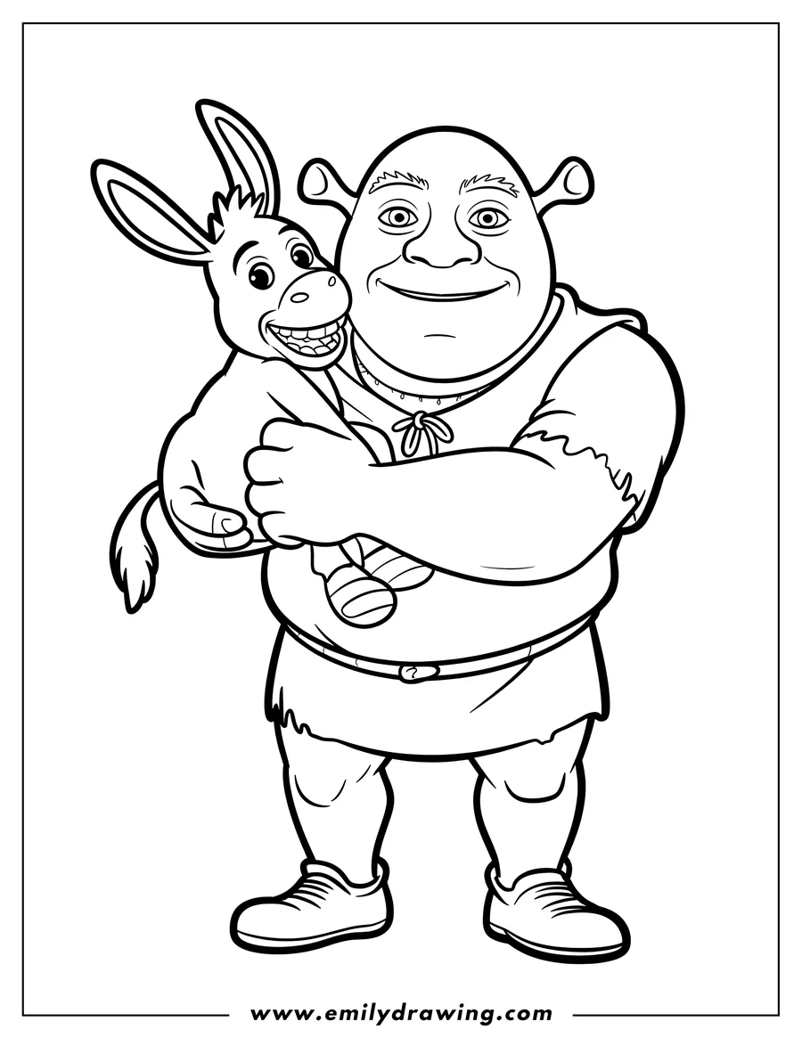 Line art of Shrek holding Donkey in his arms, with both characters smiling.