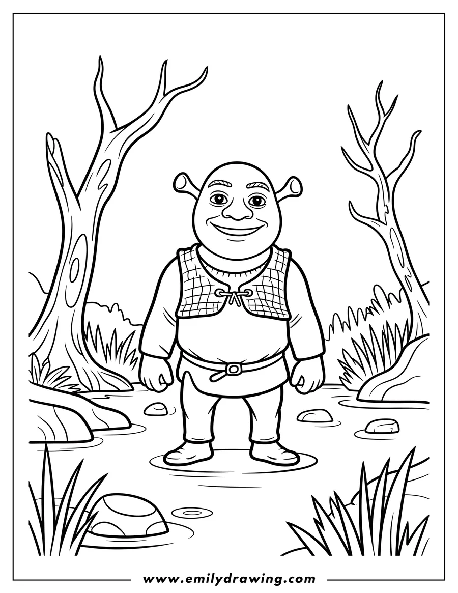 Line art of Shrek standing in his swamp with bare trees and water around him