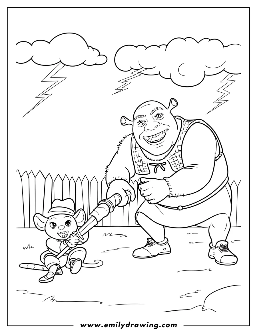 Line art of Shrek playing baseball with a small mouse, with storm clouds and lightning in the background.