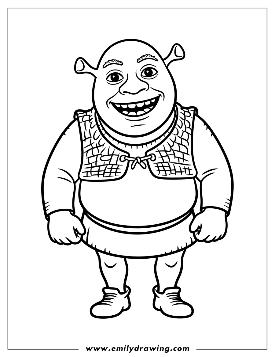 Line art of Shrek standing and smiling broadly, showing his teeth.
