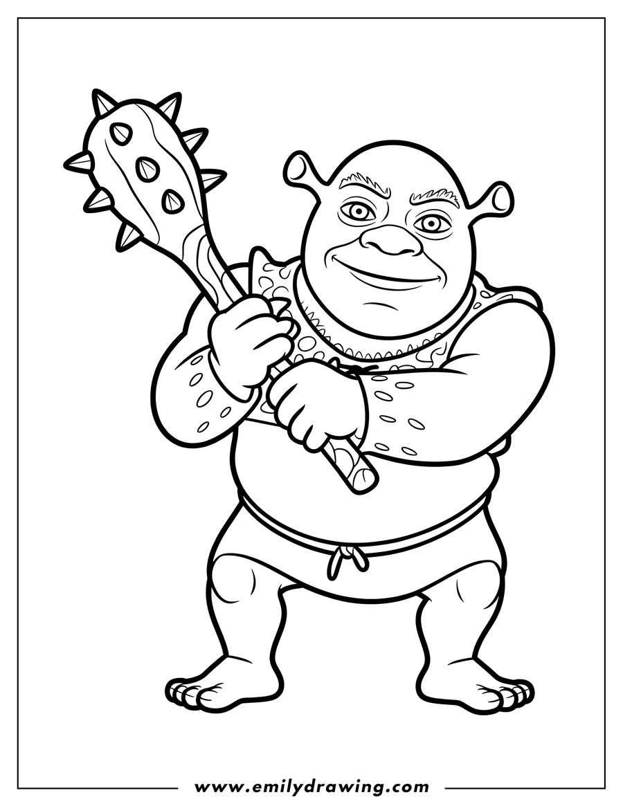 Line art of Shrek the ogre holding a spiky club and smiling.