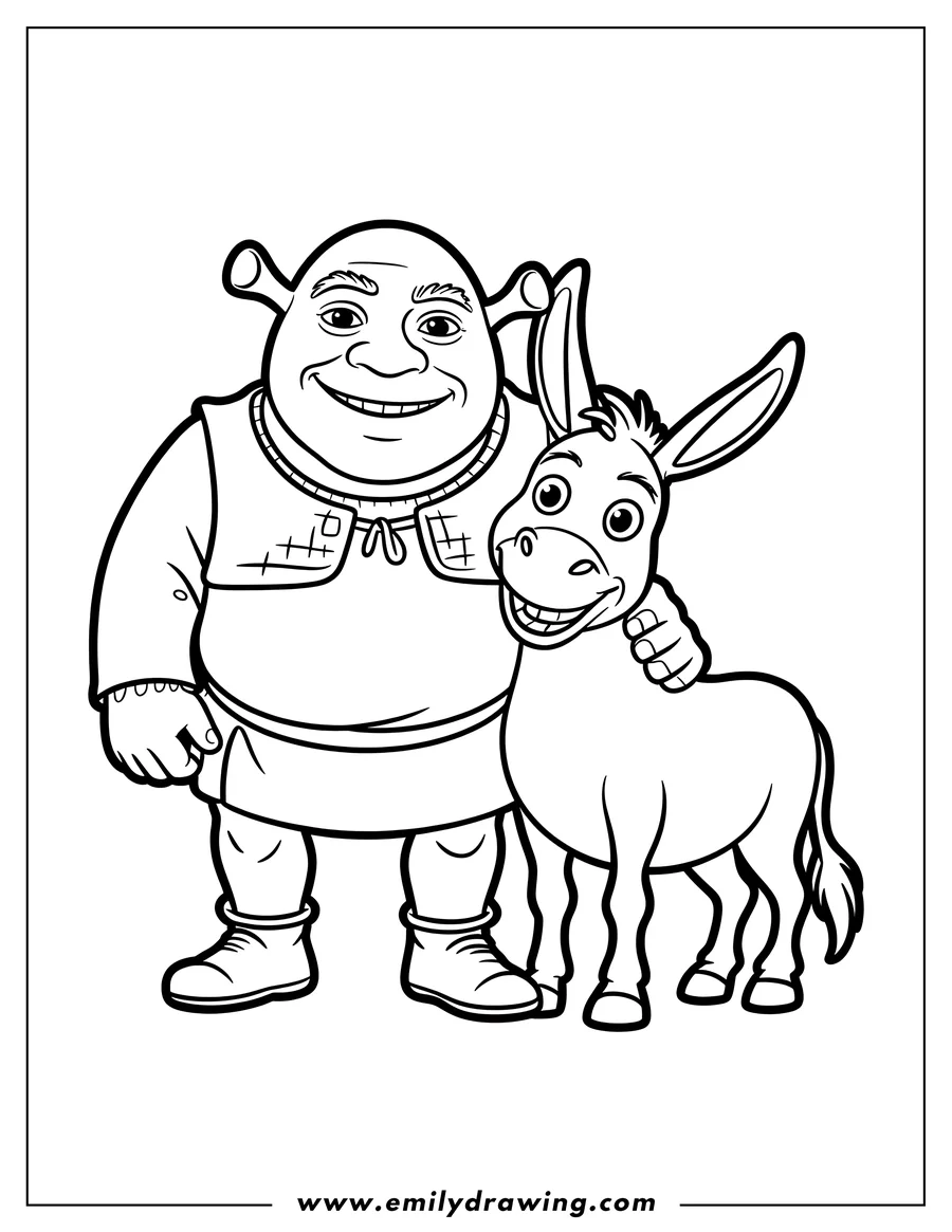 Line art of Shrek standing with his arm around Donkey, both characters smiling.