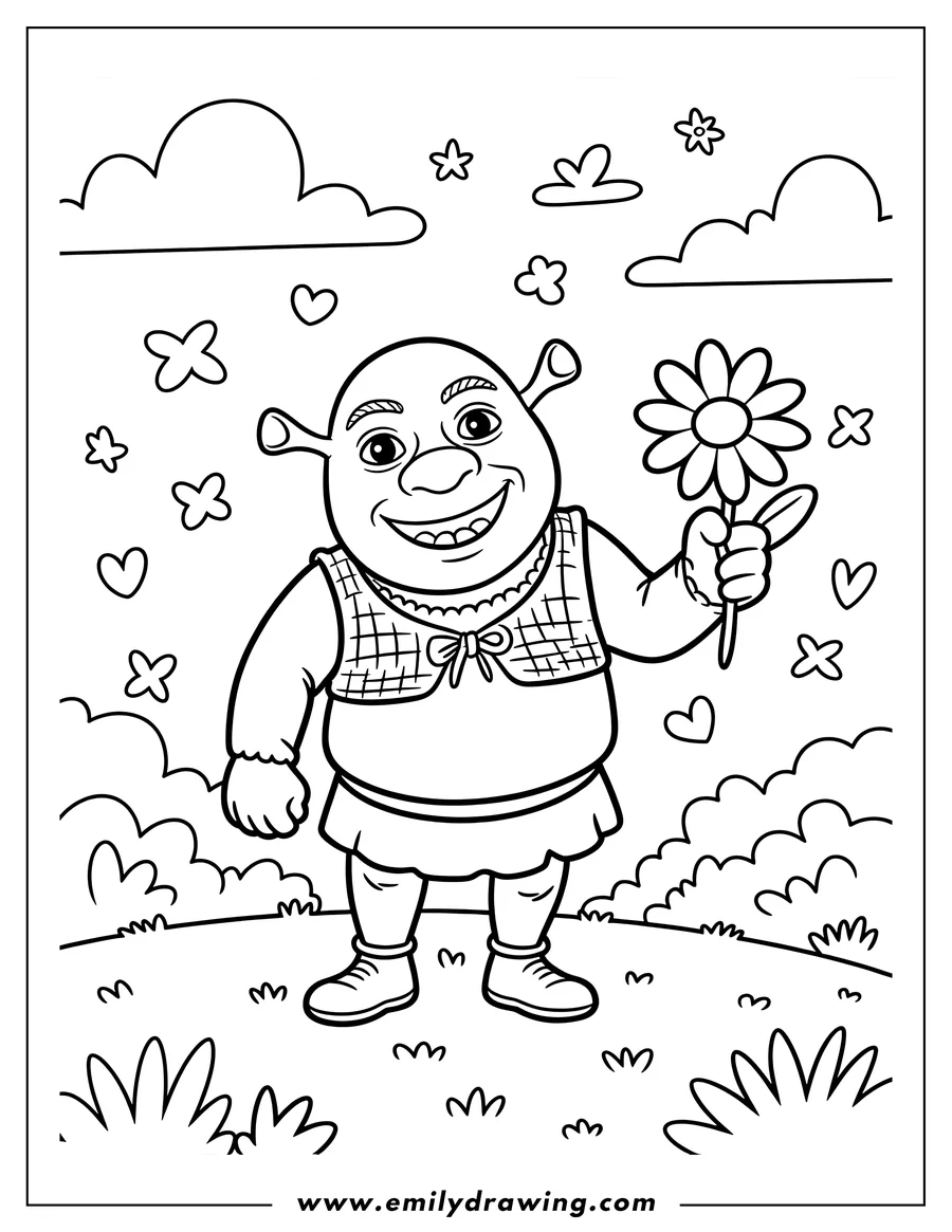 Outline of Shrek, the ogre from the Shrek movies, smiling and holding a daisy flower. He is standing in a grassy field with clouds, hearts, and small butterflies in the background.