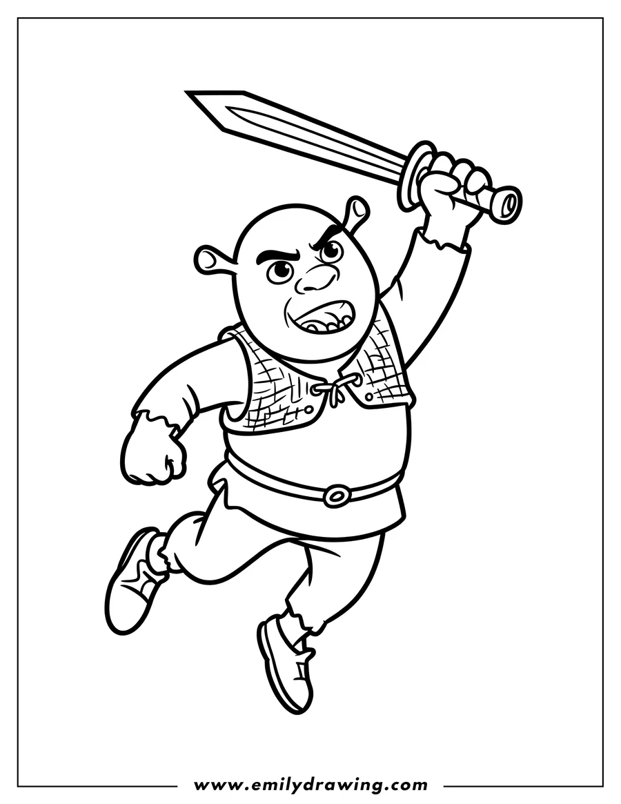 Line art of Shrek, the green ogre, jumping with a sword raised high above his head, ready for action.
