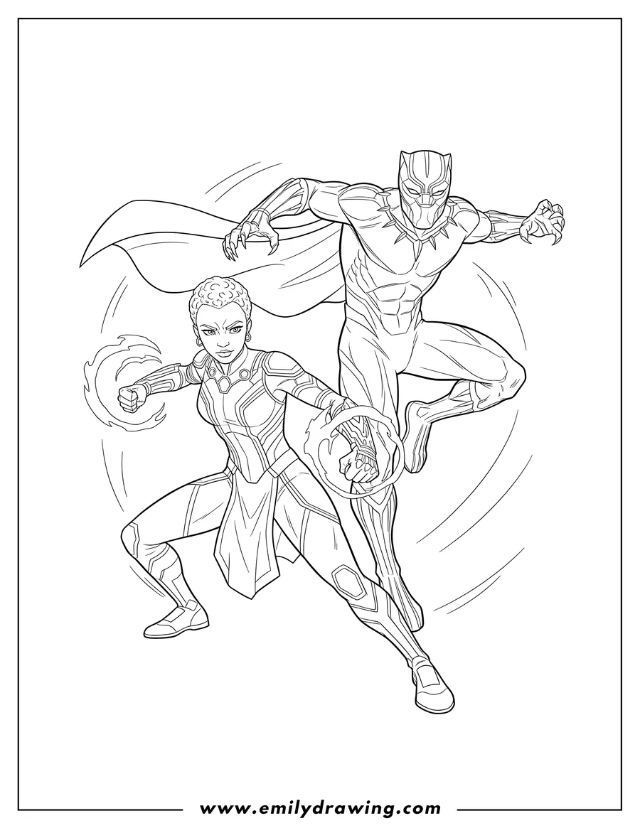 Black and white line art of shuri and Black Panther in dynamic fighting poses