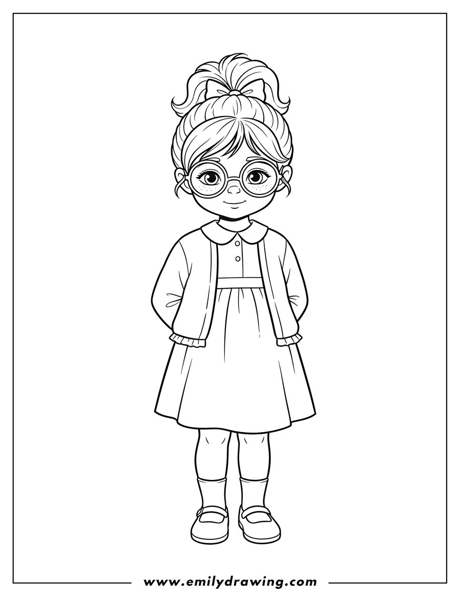 Doodle style coloring picture of easy Shy Bridget Preschoolers, wearing glasses and a ponytail, with hands behind her back