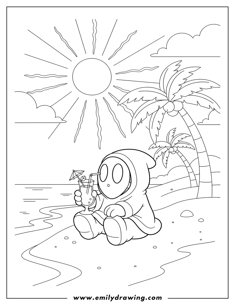 Free printable coloring sheet of shy Guy sitting on beach, holding a drink with a straw and umbrella