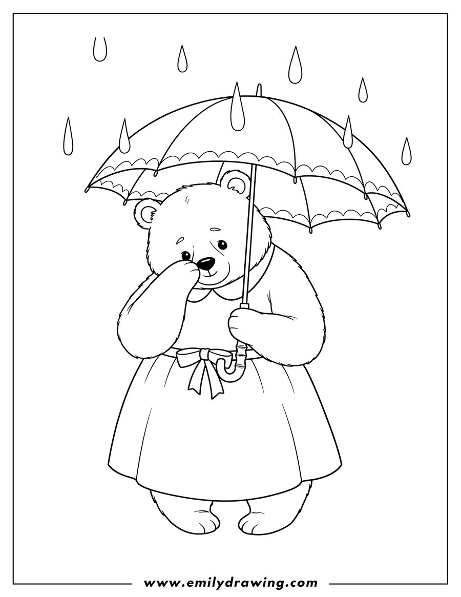 Simple sketch of shy She Bear standing, holding an open umbrella to color