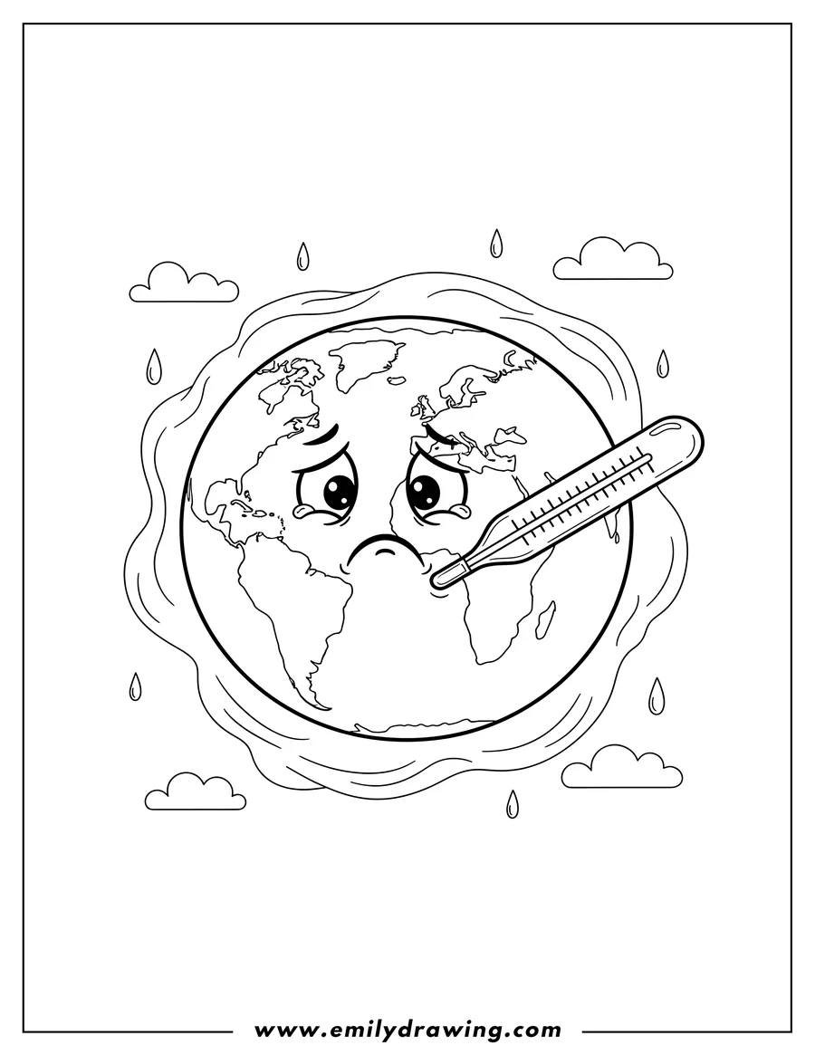 Free printable coloring sheet of **Refined Scene:** Sick Earth with worried eyes and a thermometer in its downturned mouth