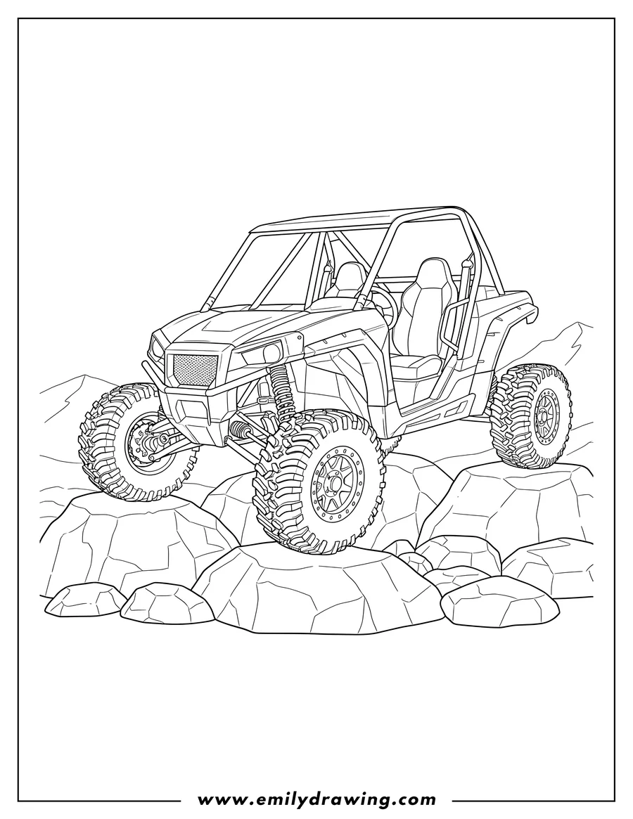 Doodle style coloring picture of side By Side Utv with knobby tires climbing over rocks
