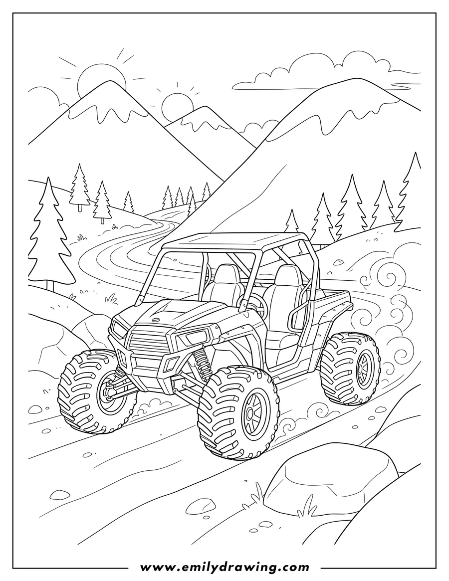 Free to print drawing of side-by-side UTV with knobby tires driving on a dirt path through a scenic mountain pass
