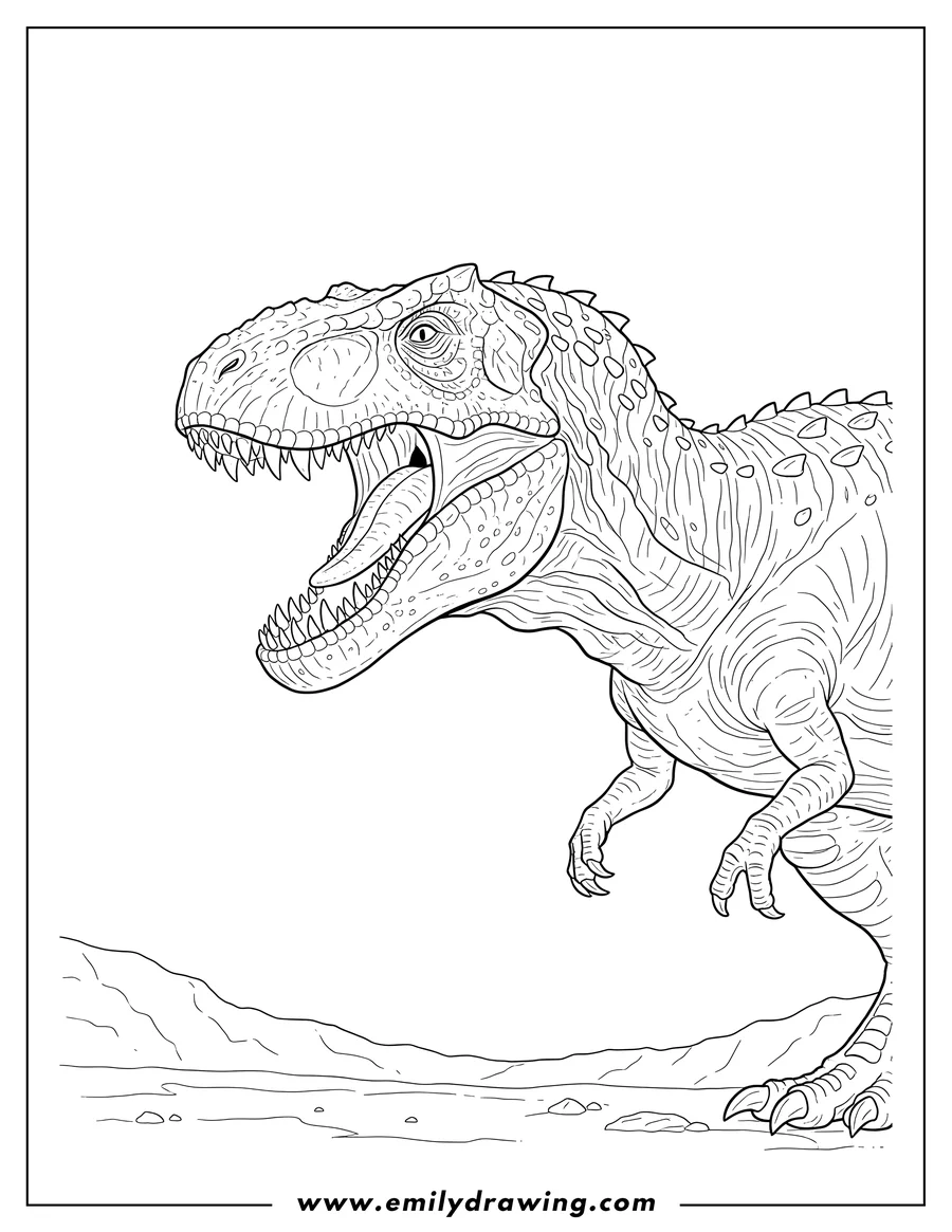 Black and white line art of side Profile Indominus Rex with mouth open