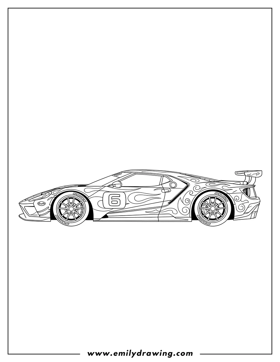 PDF style coloring page: side View Gul Livery Ford Gt with number 6 on the side
