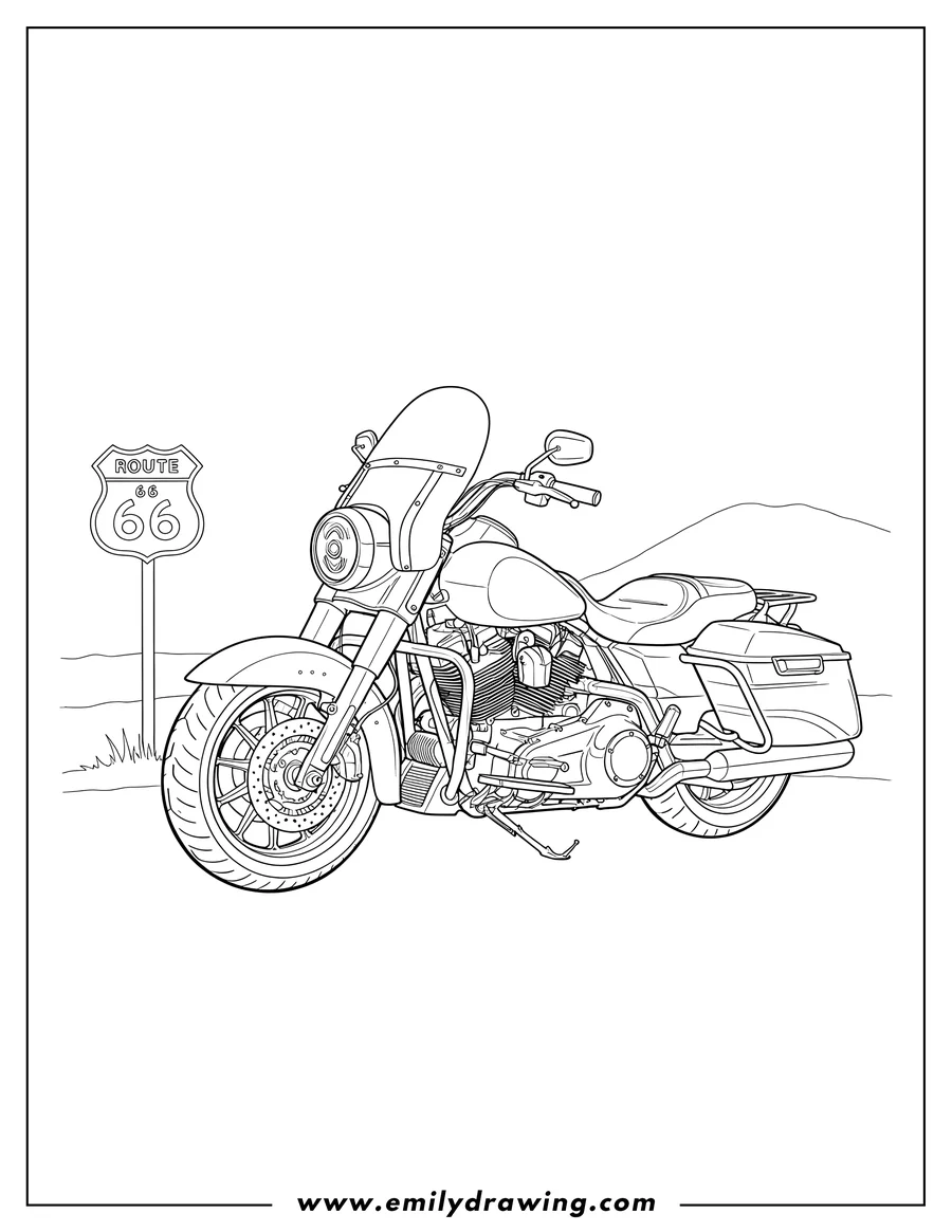 Doodle style coloring picture of side View Harley Davidson Road King parked