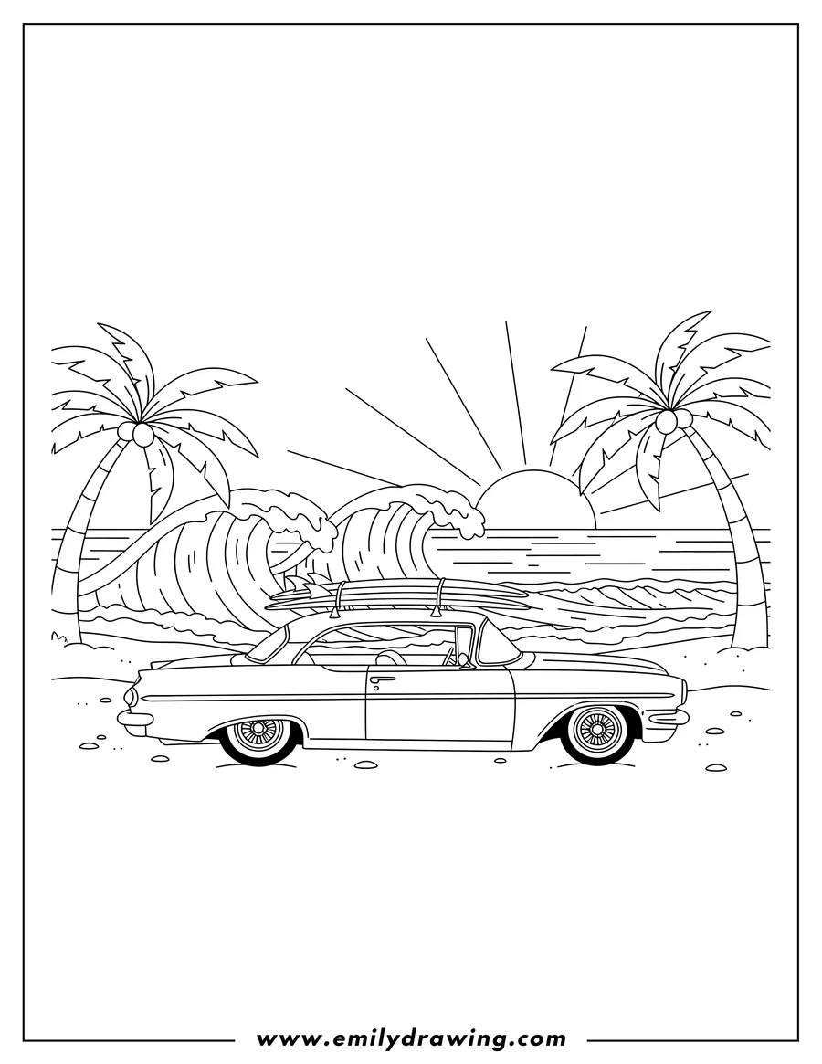 PDF style coloring page: side View Lowrider At Beach with surfboards on roof