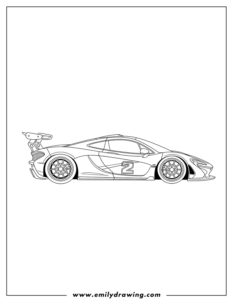 Outline drawing of side view McLaren P1 GTR race car with a large spoiler and number 2