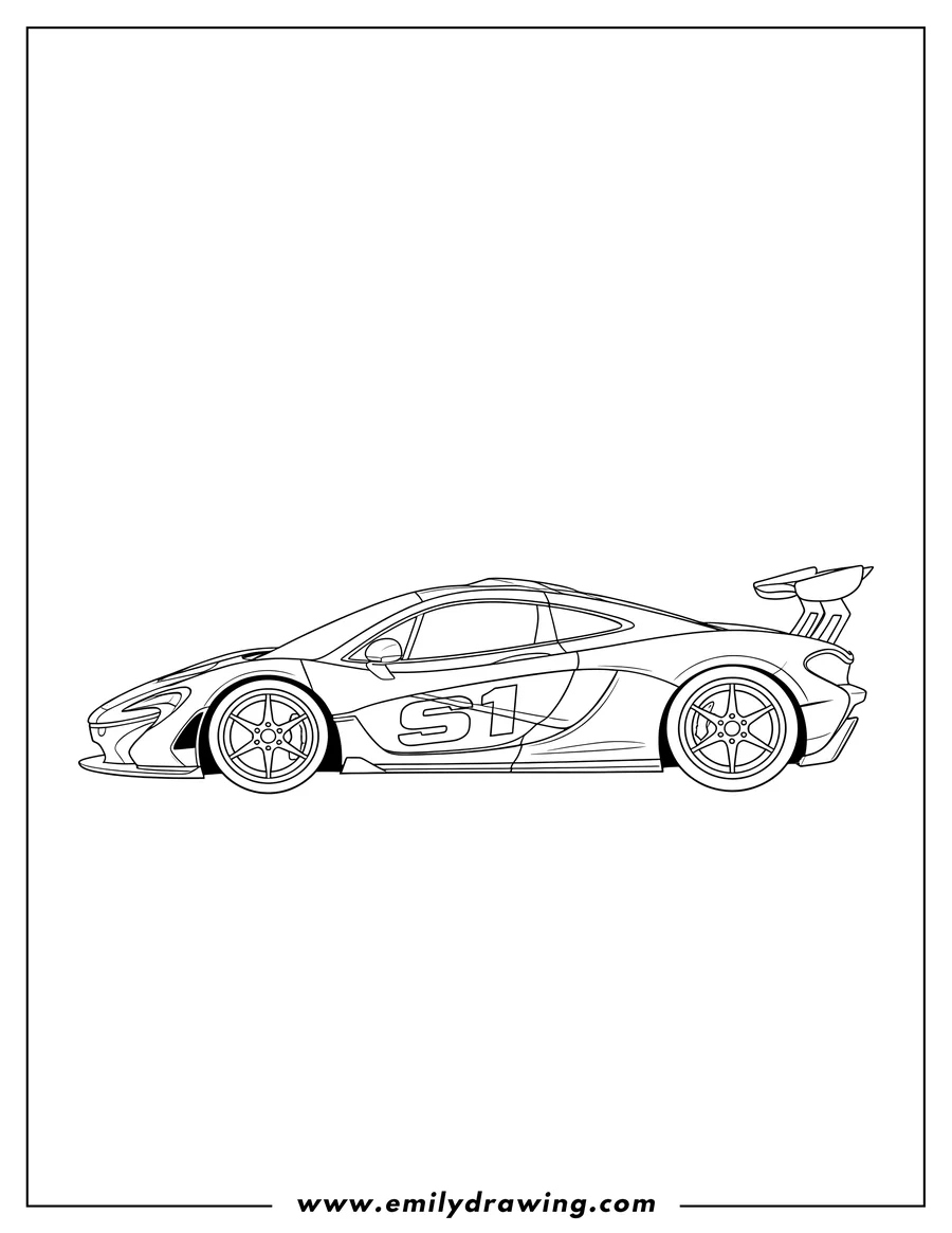 Printable line art of side View Mclaren P1 Gtr with large spoiler and S1 on its side