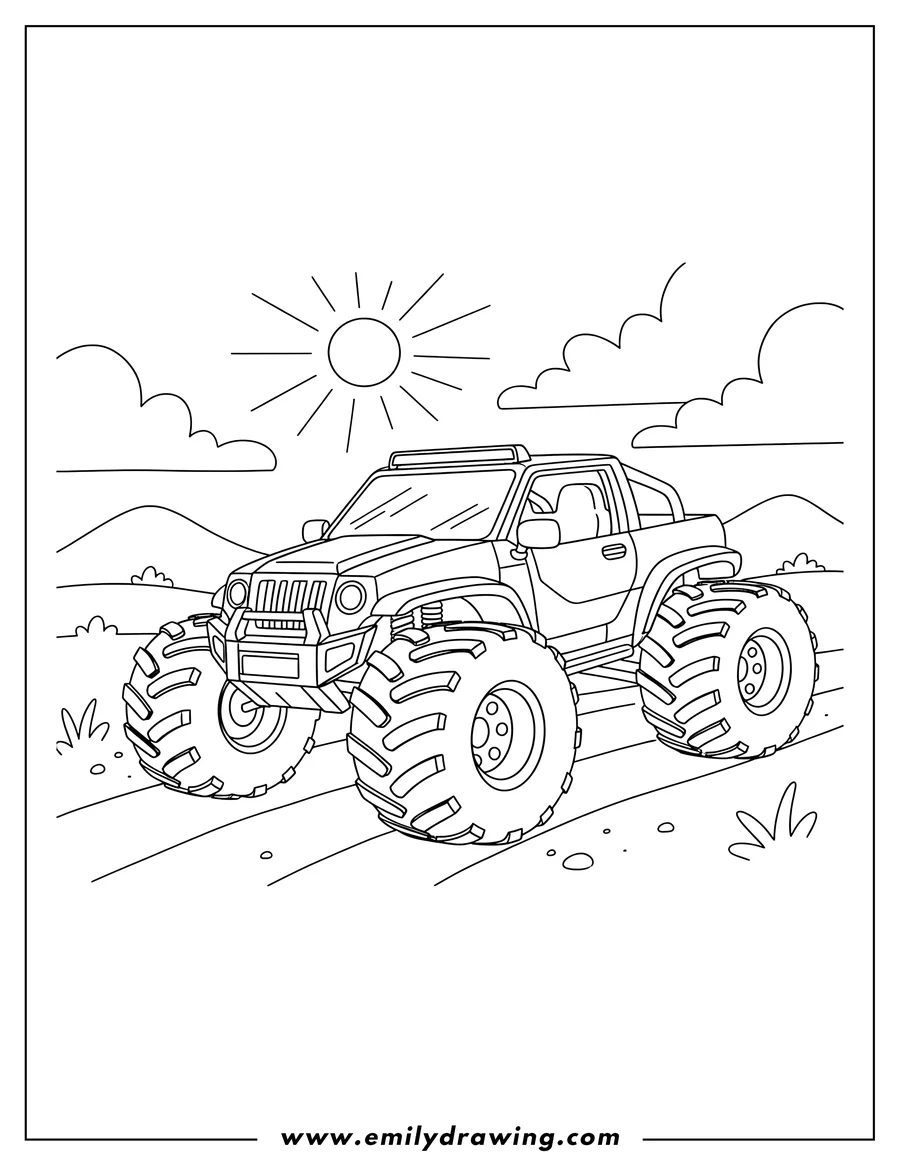 Simple sketch of side view of a large four-wheeler with knobby tires on a road to color