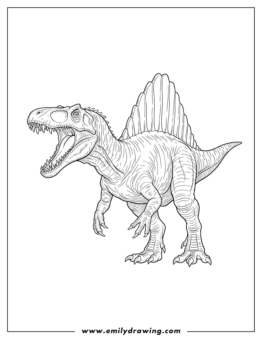 Simple sketch of side View Spinosaurus With Sharp Teeth And Claws, mouth open wide, and a sail on its back to color