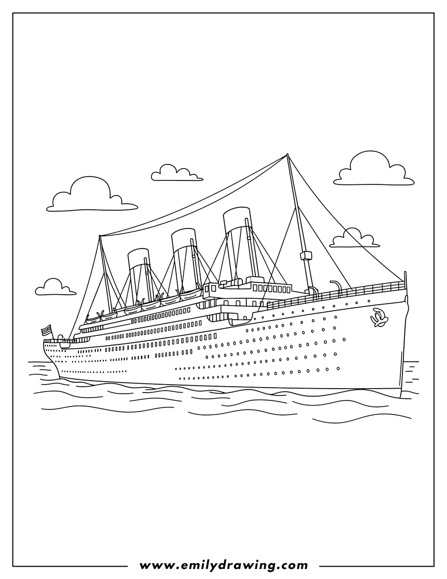 Doodle style coloring picture of side View Titanic To Color with four smokestacks and lifeboats
